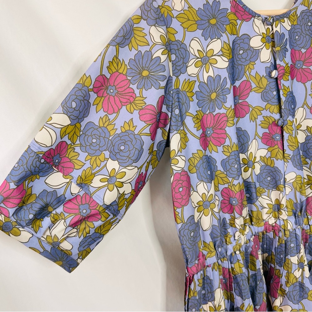 YMC London Floral Midi Smock Dress Size S 70s Mod Blue Pink Cotton Garden - Picture 8 of 16